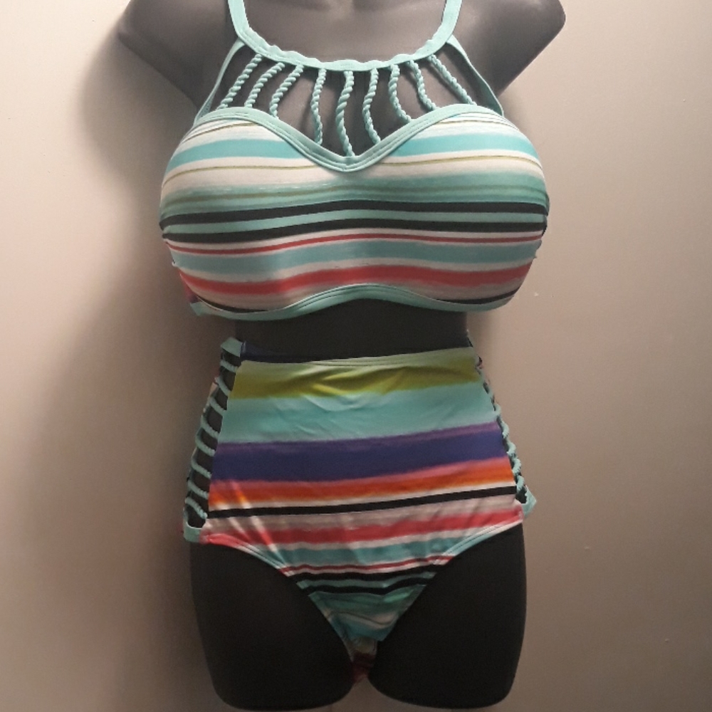 High-Neck Striped High-Waist Bikini Set - Mint Multi